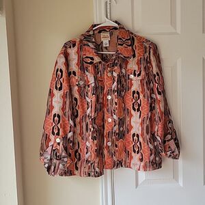 Ruby Rd. Button Down 16 Sheer Orange Black 3/4 Sleeves Blouse Shirt